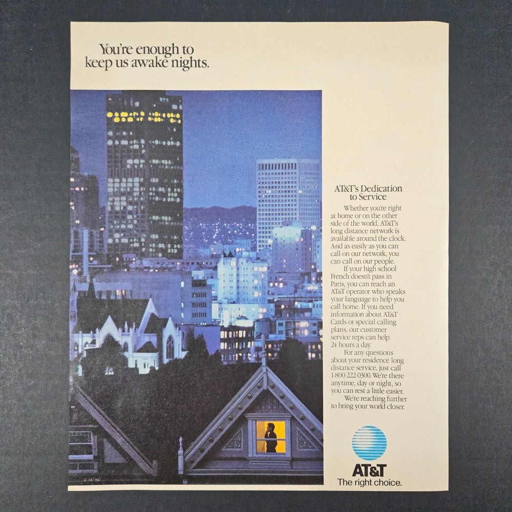 1987 AT&T City Skyline Vintage Print Ad Right Choice Man Talking‎ on Telephone